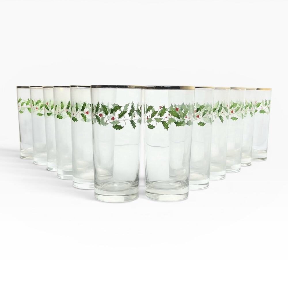 Lenox “Holiday” Set of 12 Tumbler Highball Glasses 6 1/4” 16oz Christmas Holly